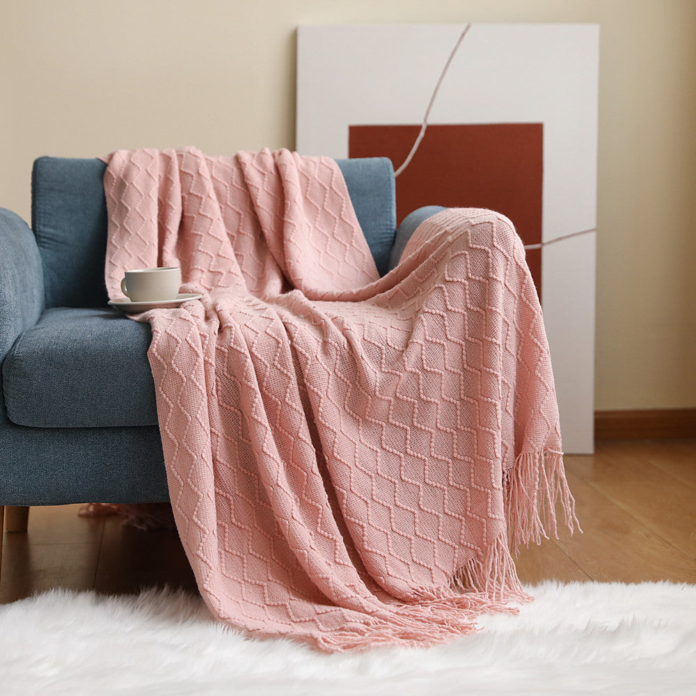 Tassel knitted throw blanket – Blush pink