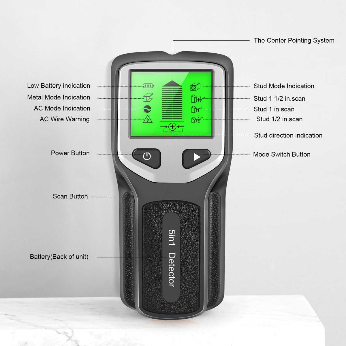 Wall detector screen and buttons explained