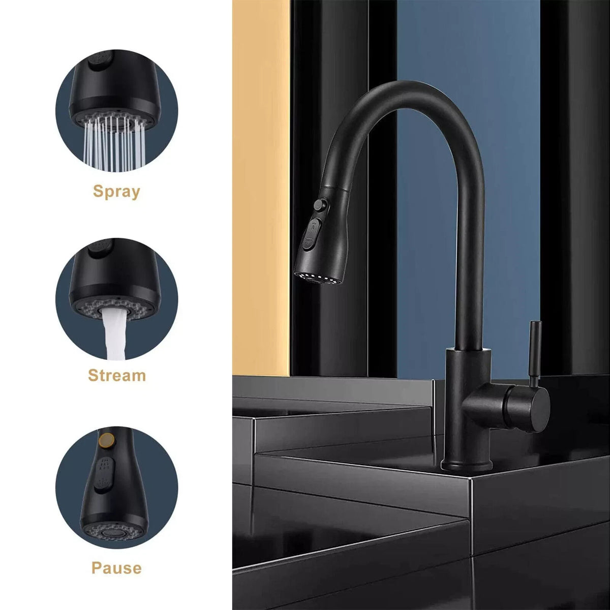 Matt Black Pull-Down Kitchen Mixer Tap with 3-Mode Spray