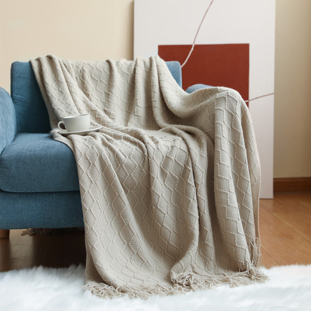 Tassel knitted throw blanket – Taupe