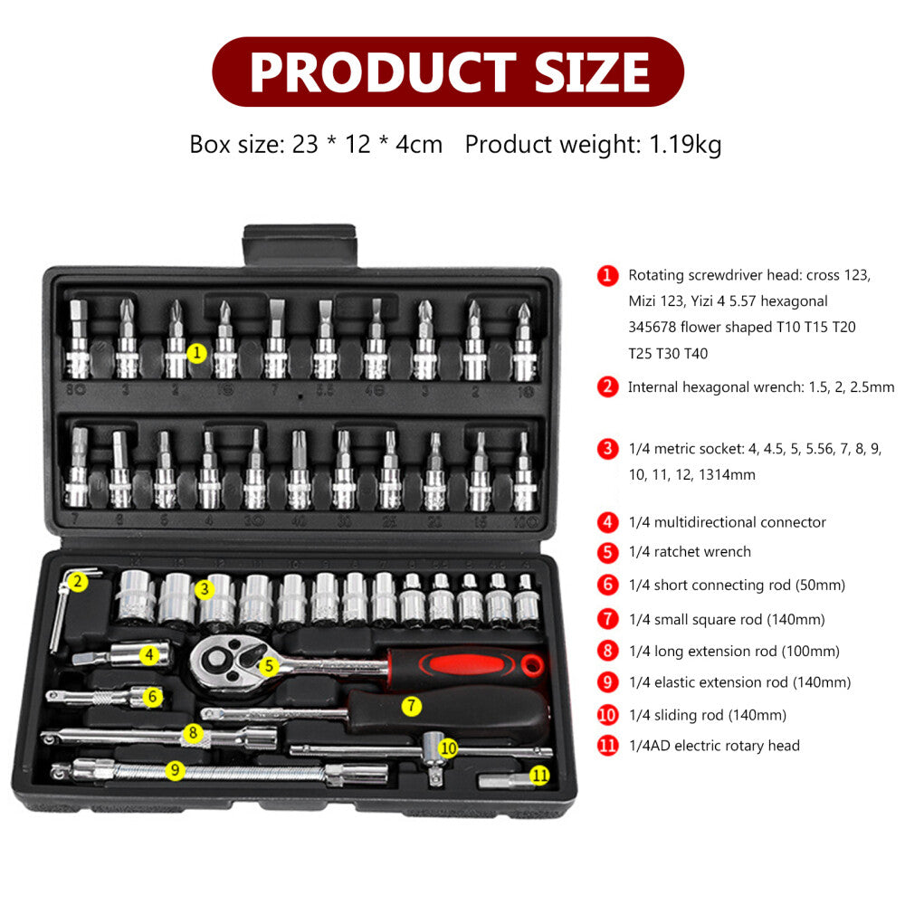 46-Piece ¼" Socket & Bit Set with Case