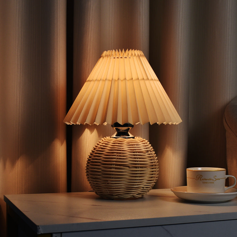 Pleated rattan table lamp