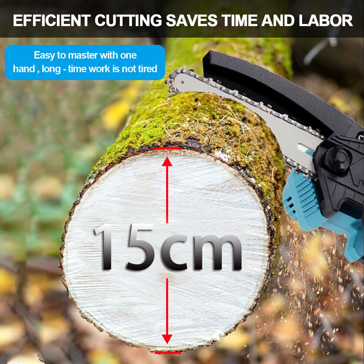 Mini chainsaw cutting a log