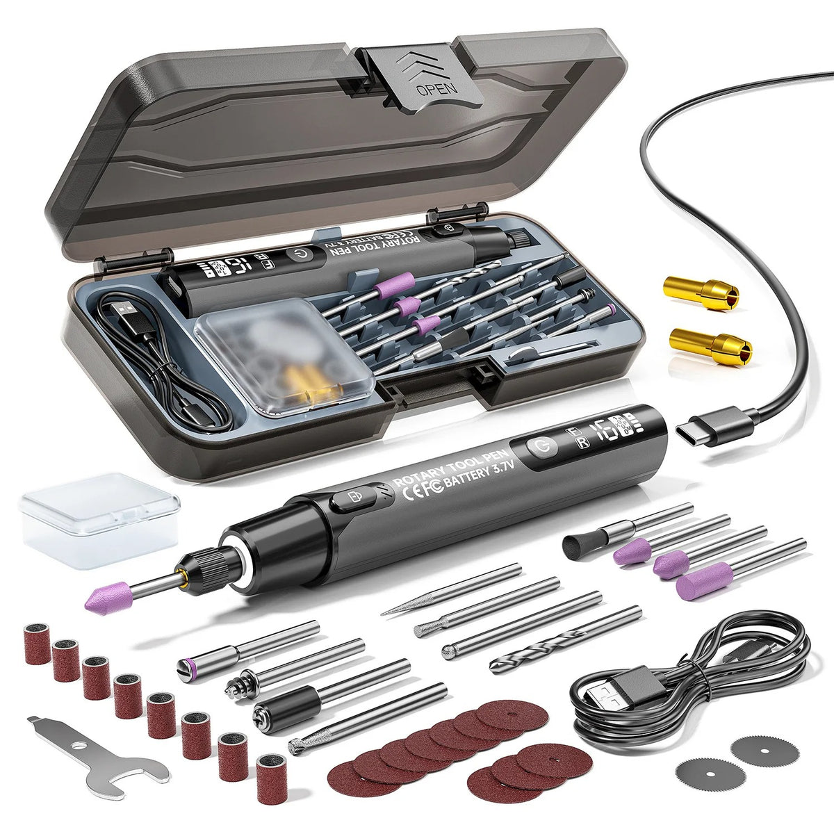 Cordless rotary tool kit with accessories in carry case