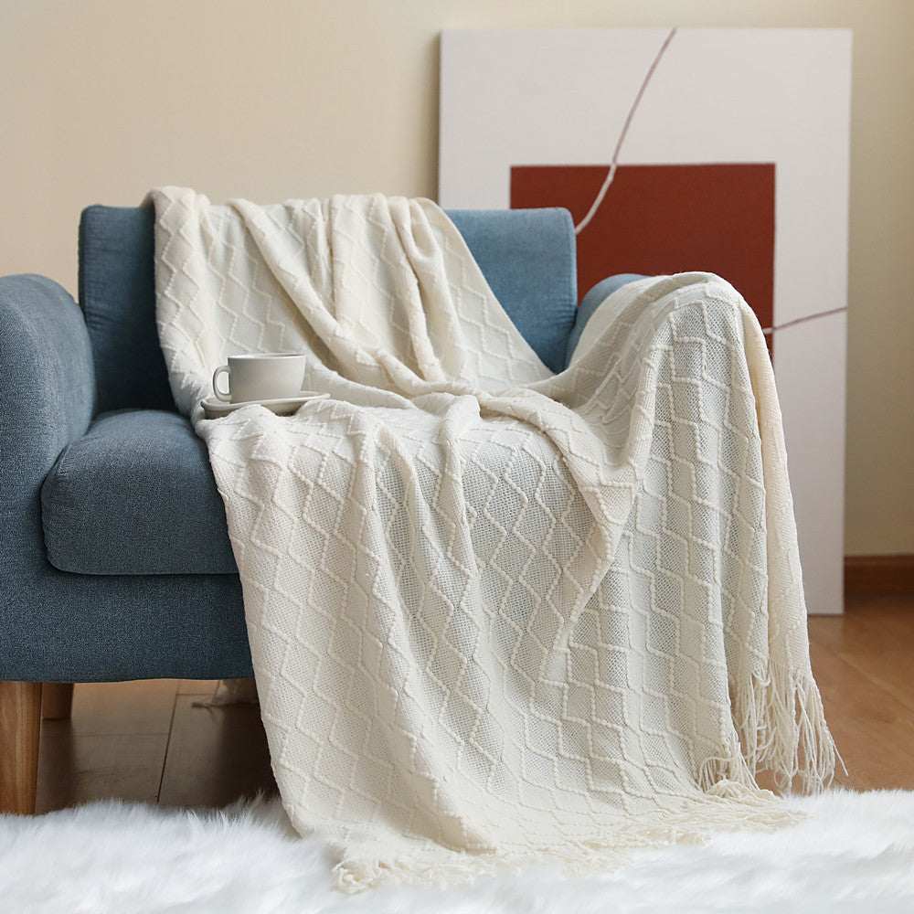 Tassel knitted throw blanket – Cream