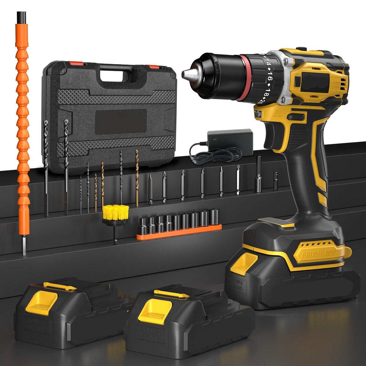 Brushless combi drill kit with two batteries and case