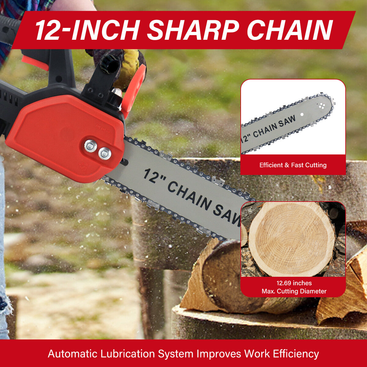 12" Cordless Brushless Chainsaw – 2 Batteries & Spare Chain