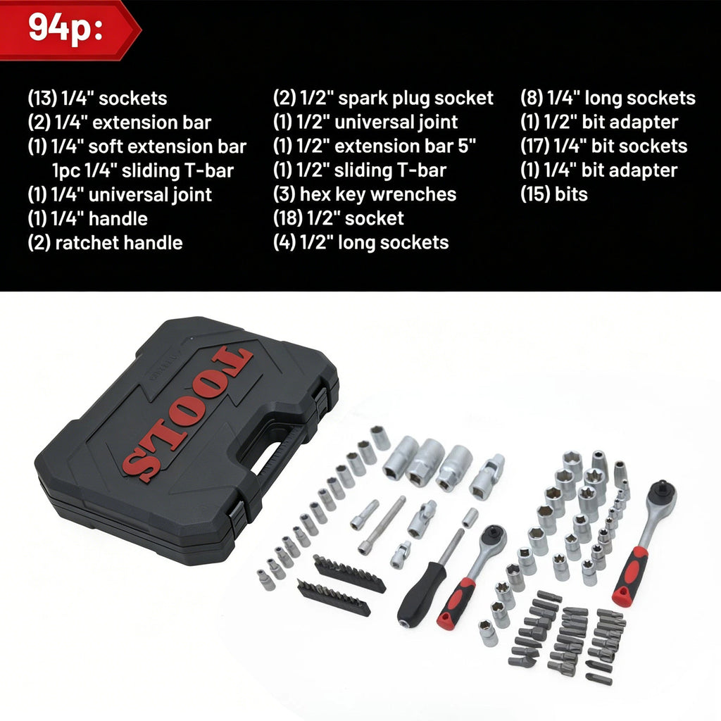 94-Piece Socket Set – ¼" & ½" Drive with Case