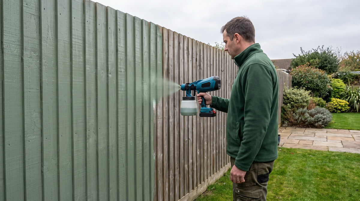Man spraying sage green paint onto a garden fence with a cordless paint sprayer