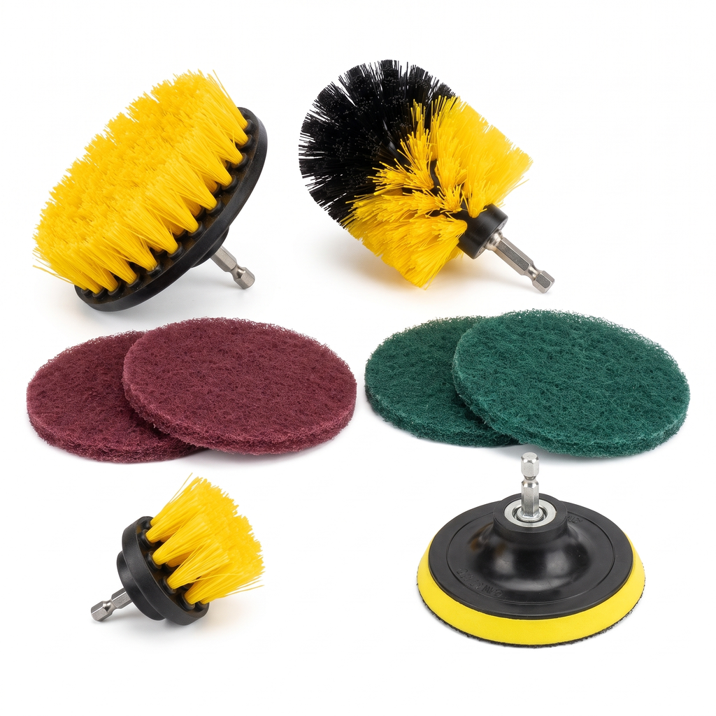 8-piece drill brush kit: 3 brushes, 4 scouring pads, backing pad