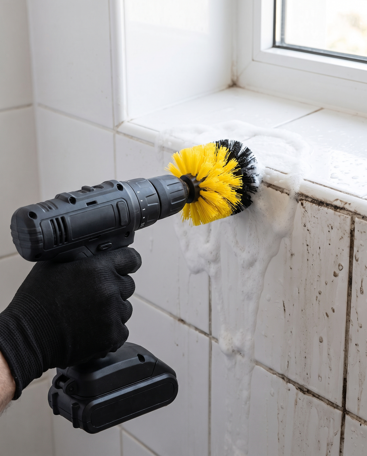 Drill brush scrubbing bathroom tile grout