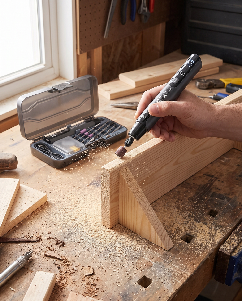 Sanding a pine shelf bracket with the rotary tool