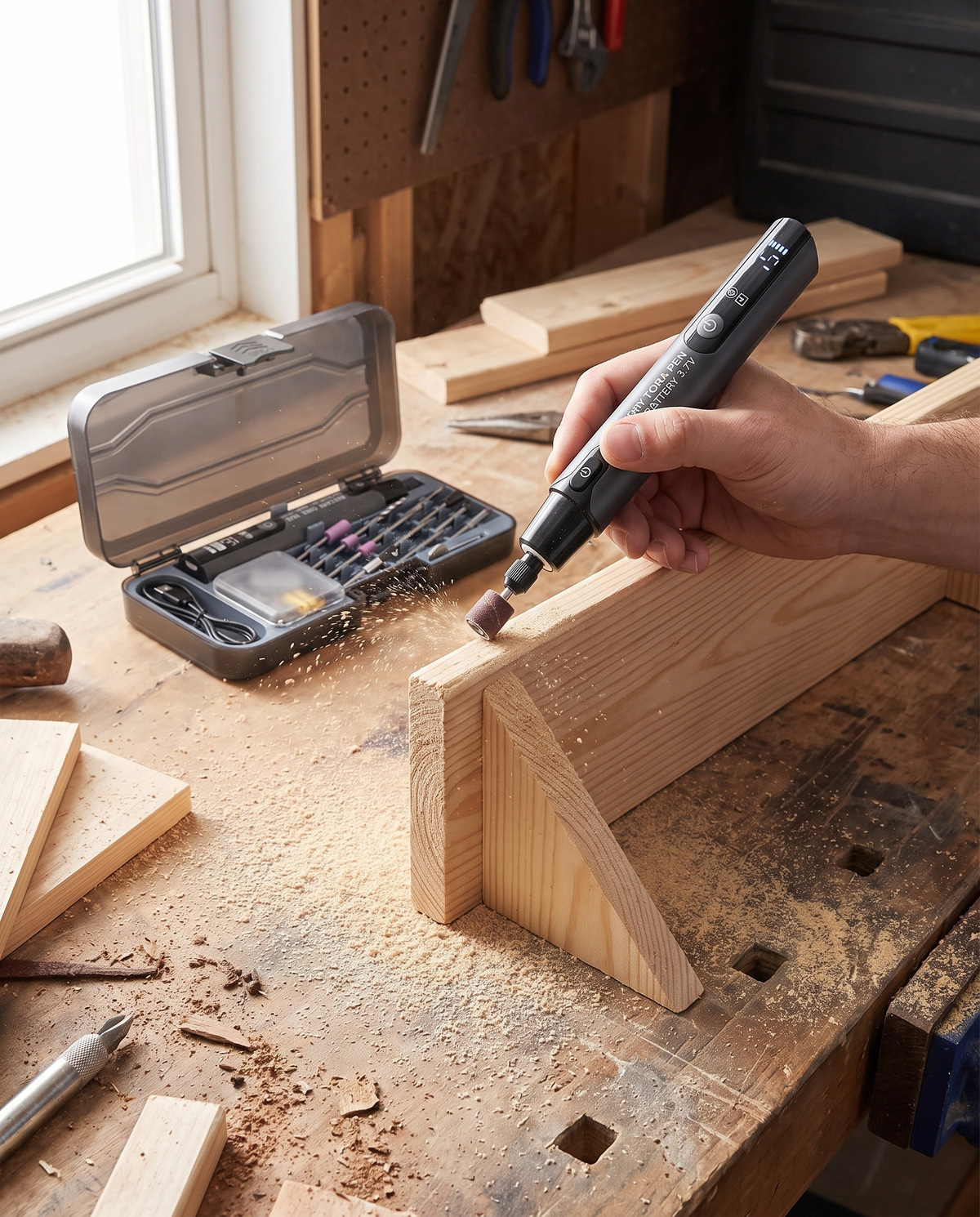 Sanding a pine shelf bracket with the rotary tool
