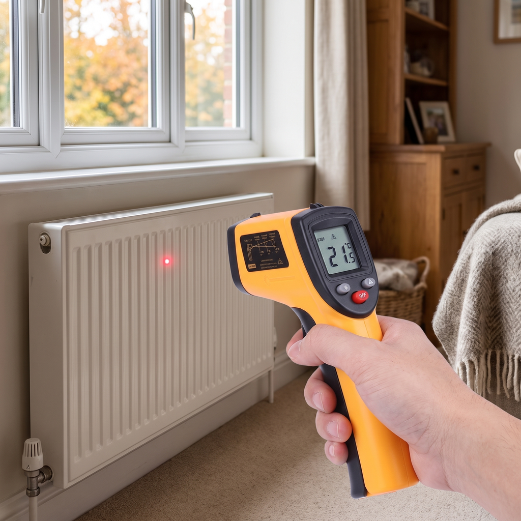 Infrared thermometer checking a radiator