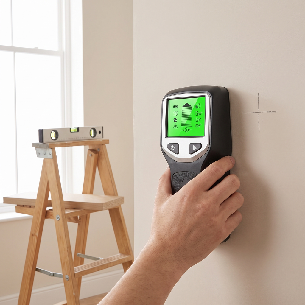 Wall detector scanning for a stud before fitting a shelf