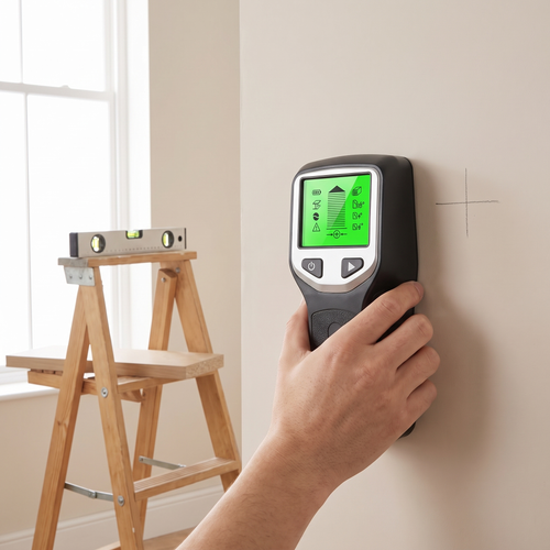 Wall detector scanning for a stud before fitting a shelf