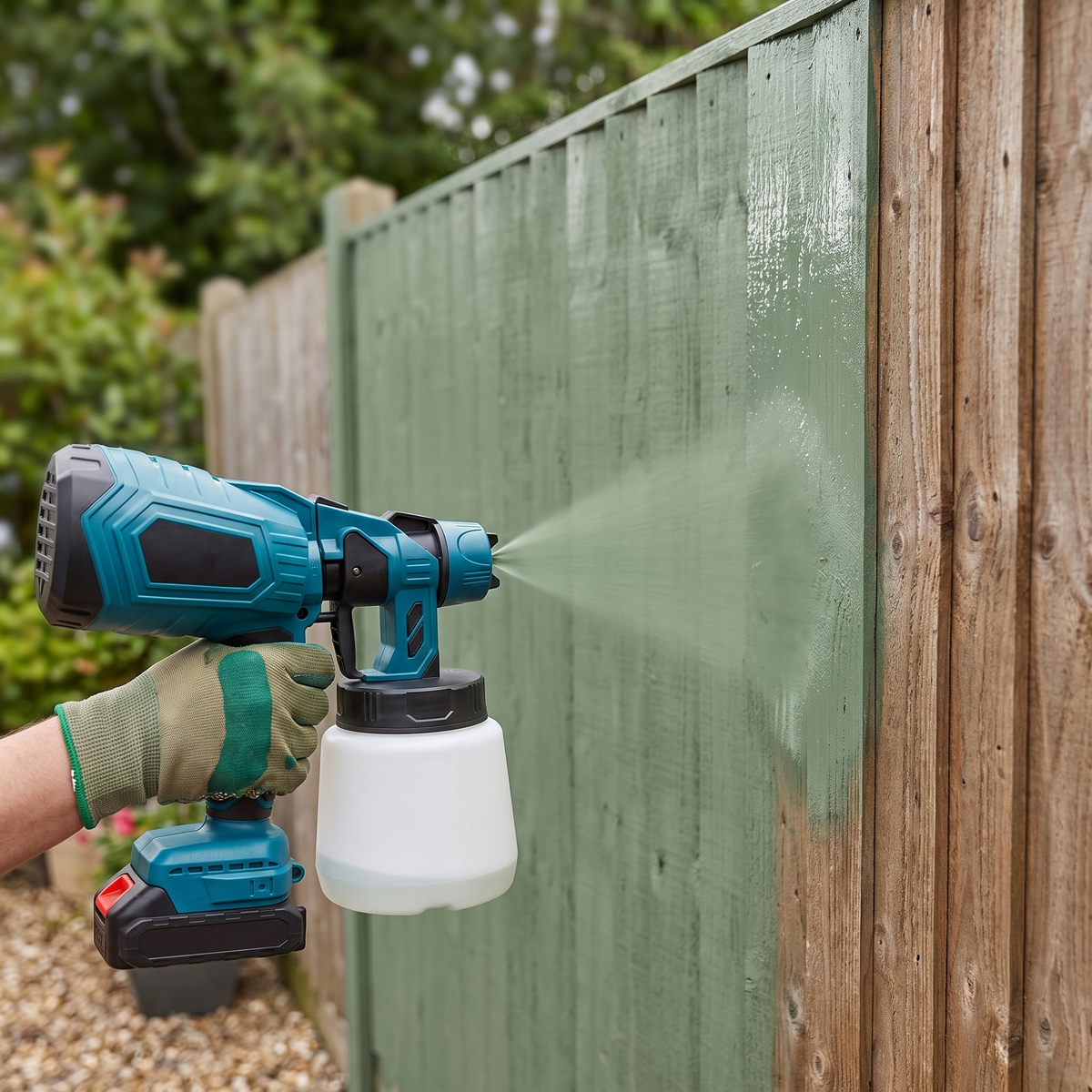 Cordless paint sprayer spraying green paint onto fence boards